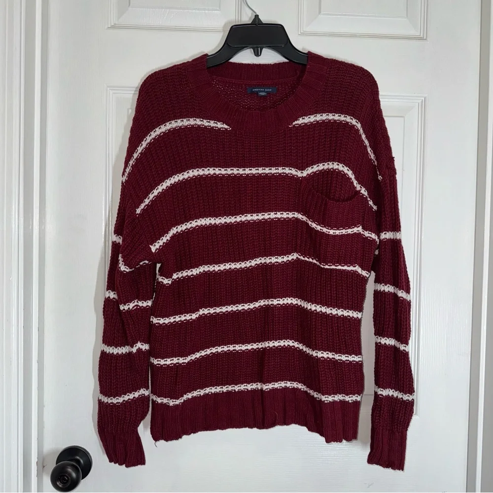 M157 American Eagle Outfitters Dark Red Burgundy Knit Sweater with White Stripes - Picture 2 of 13